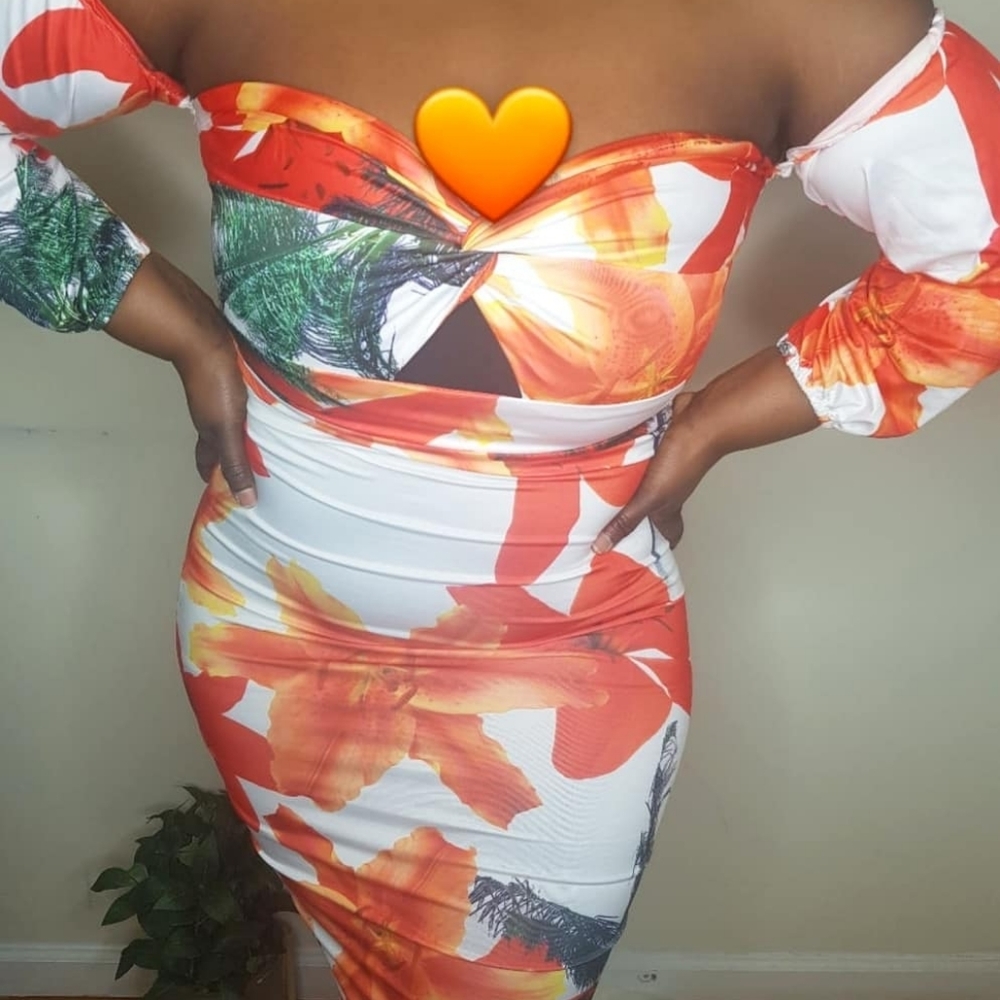 Sexy orange floral bodycon dress LARGE